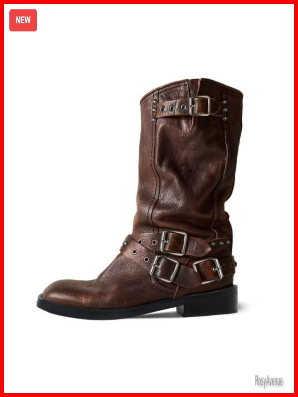 Women's Mid Calf Moto Boots Chunky Low Heel Buckle Vegan PU Leather
